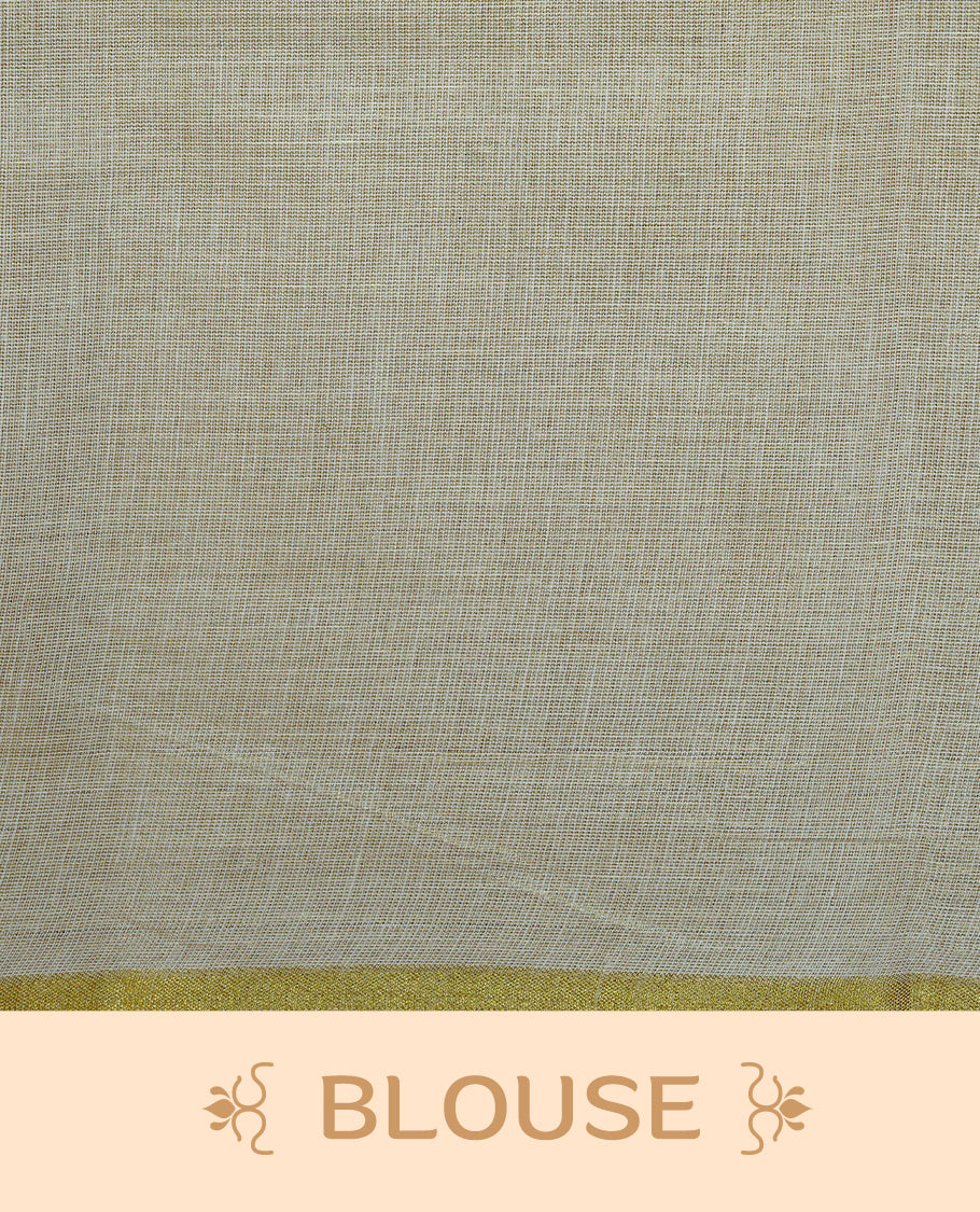 Cream colour Tissue kerala saree featuring Elegant plain body, complemented by Elephant print border, comes with matching blouse piece.