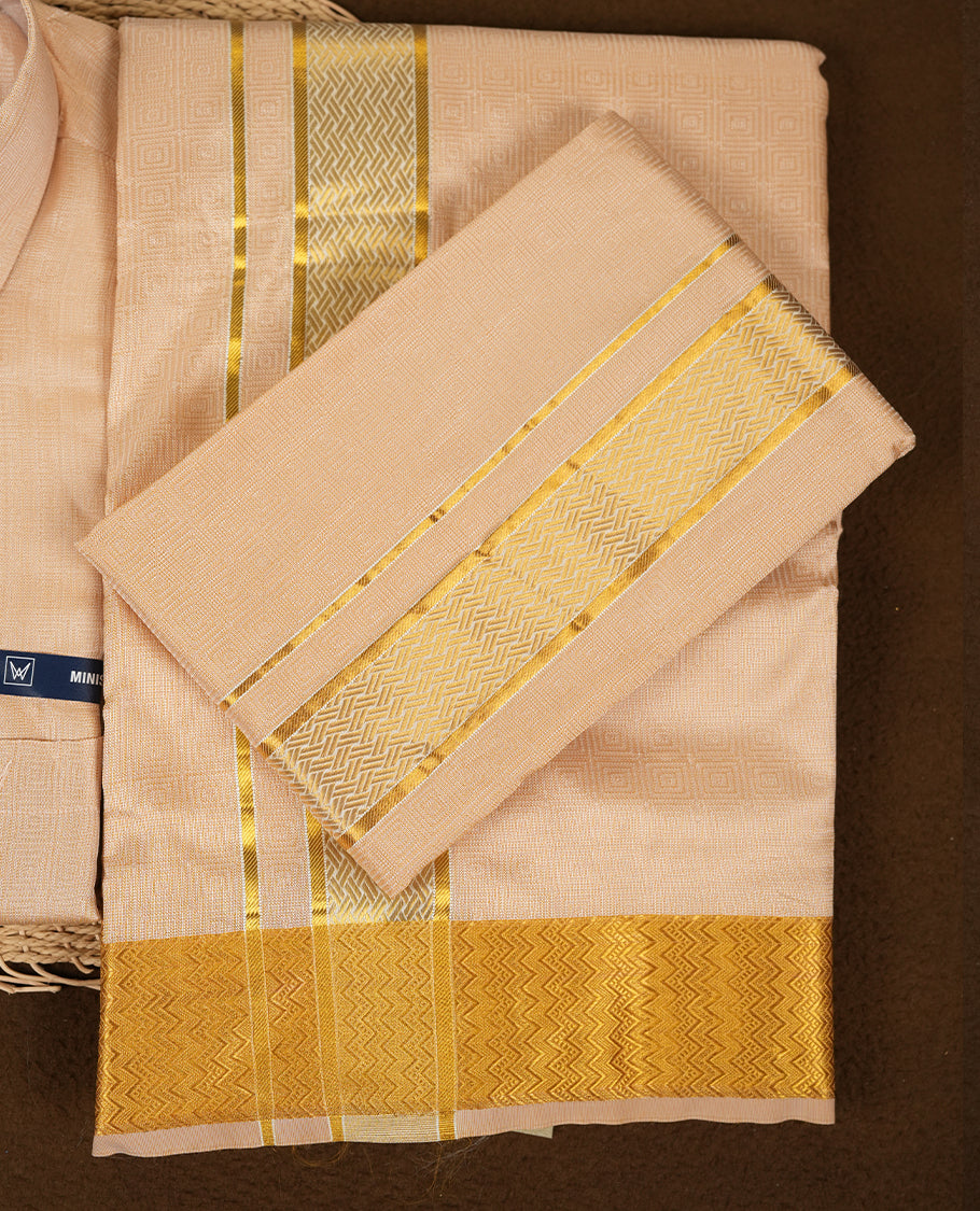 Biscuit Gold coloured silk wedding shirt, dhoti, and towel set from MINISTER WHITE, featuring a gold zari border.