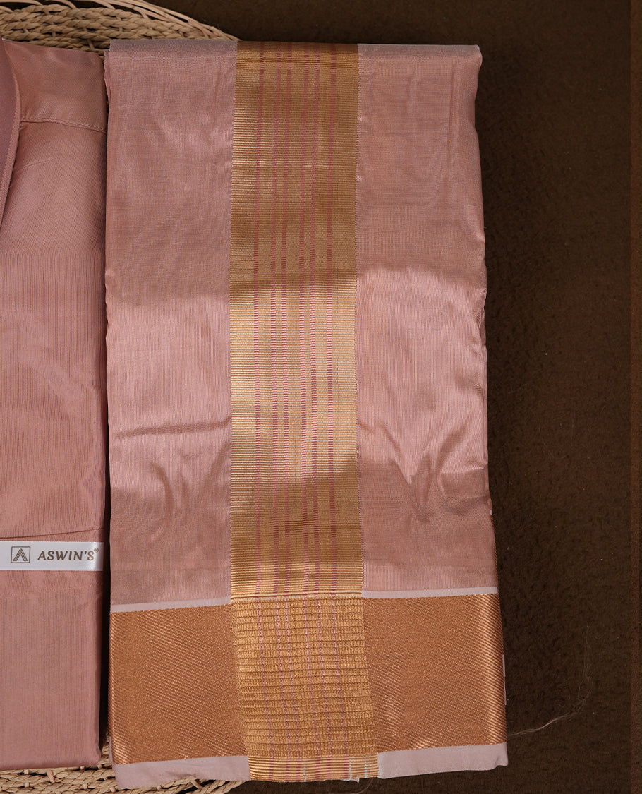 Champ colour Aswin’s wedding set featuring a refined silk shirt and matching dhoti with gold  zari detailing, crafted for timeless elegance and perfect for traditional weddings and festive occasions.