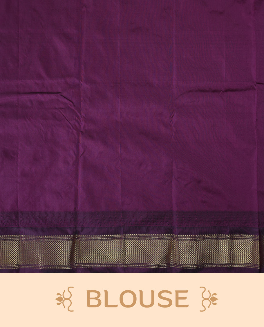 Olive green semi silk saree with plain body, vibrant deep purple pallu and matching purple border adorned with golden zari, accented with temple motifs along the edges, Paired with a matching blouse, perfect for festive occasions.
