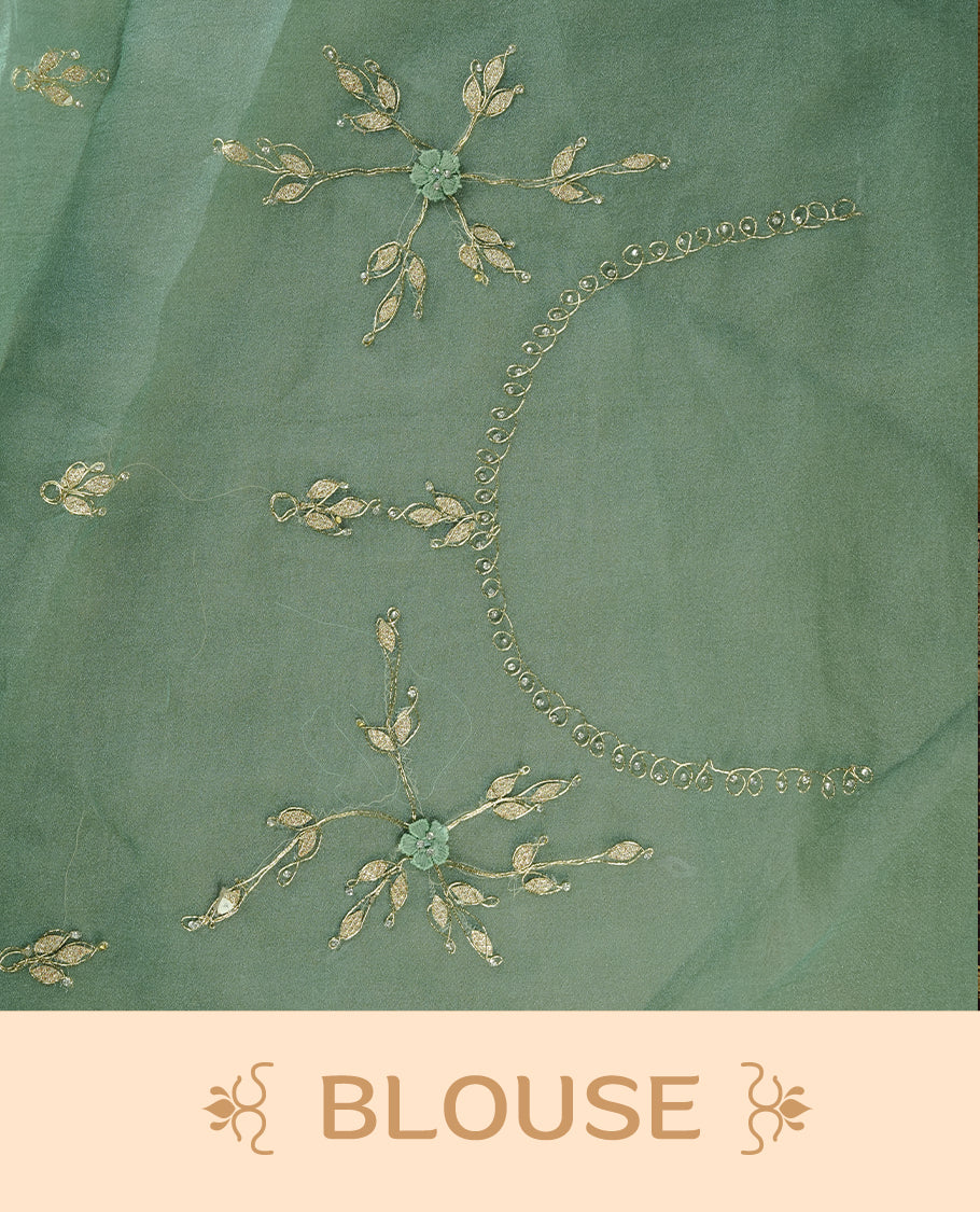 Pastel green colour crush organza saree featuring gold thread floral and stone worked body, highlighting scalp designed border, paired with matching blouse piece.