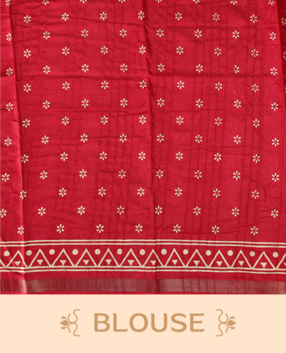 Red Colour saree featuring bold geometric and ethnic inspired prints all over the body, enhanced with a matching printed border, complemented by a striking patterned pallu, and paired with a matching blouse