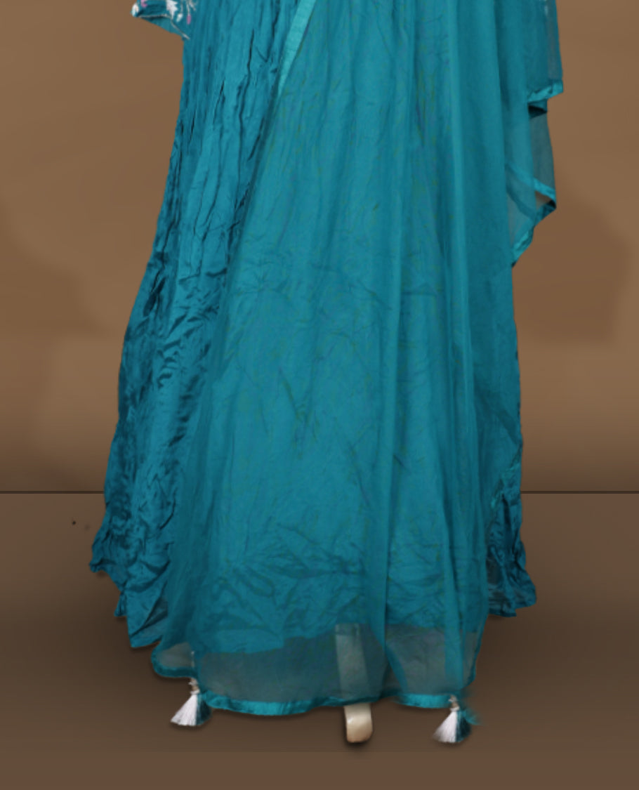 Teal green colour stitched gown set with V‑neck floral embroidered yoke, gathered flare, full sleeves with cuff embroidery, and matching plain sheer dupatta.