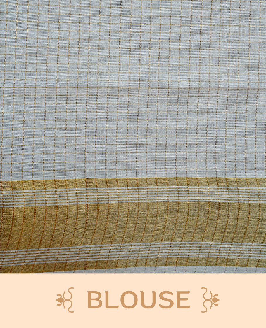 Cream colour Cotton kerala saree featuring Gold zari Checks on body, complemented by Gold zari border & Maroon with gold zari Pallu, paired with matching blouse piece.