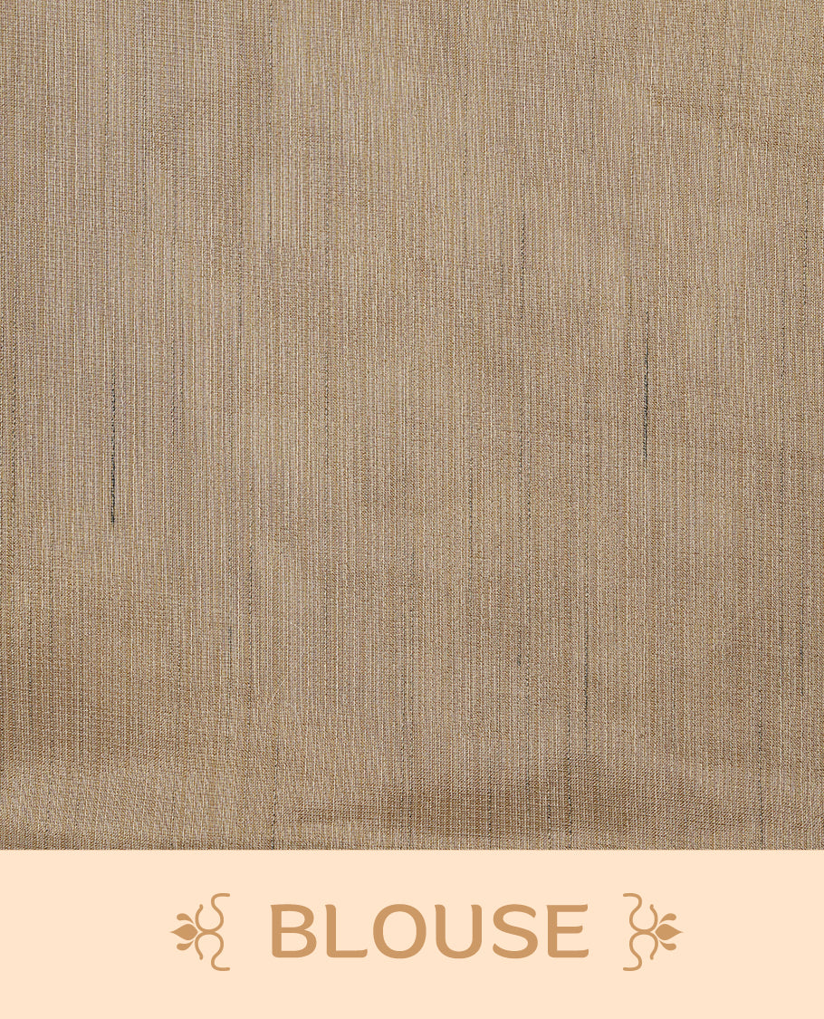 Cream colour Tussar saree featuring gold colour circle pattern with chikankari embroidery work, highlighting gold zari simple border, paired with matching unstitched blouse.