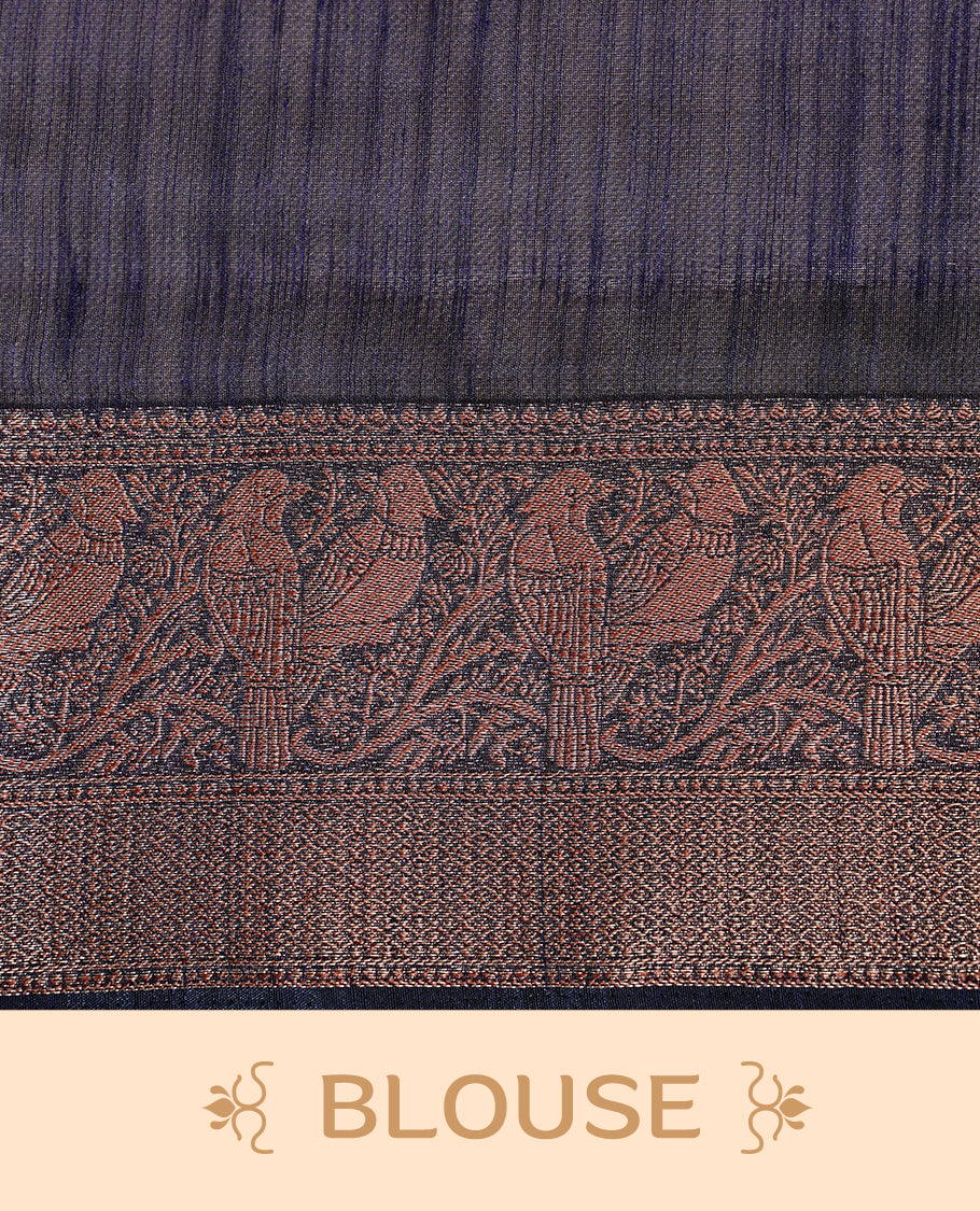 Saffron red colour Semi linen saree featuring Elegant plain body, complemented by contrast Navy Blue colour With Antique zari border, paired with matching blouse piece.