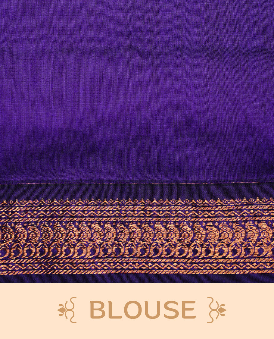 Green colour kalyani cotton saree featuring gold zari motifs on body, highlighting contrast Indigo colour with Antique gold zari border, paired with matching blouse piece.