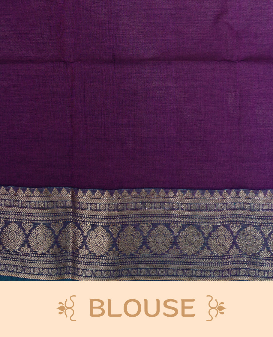 Purple colour chettinad cotton saree featuring gold zari stripes & motifs on body, complemented by Contrast Green colour with zari border, paired with matching blouse piece.