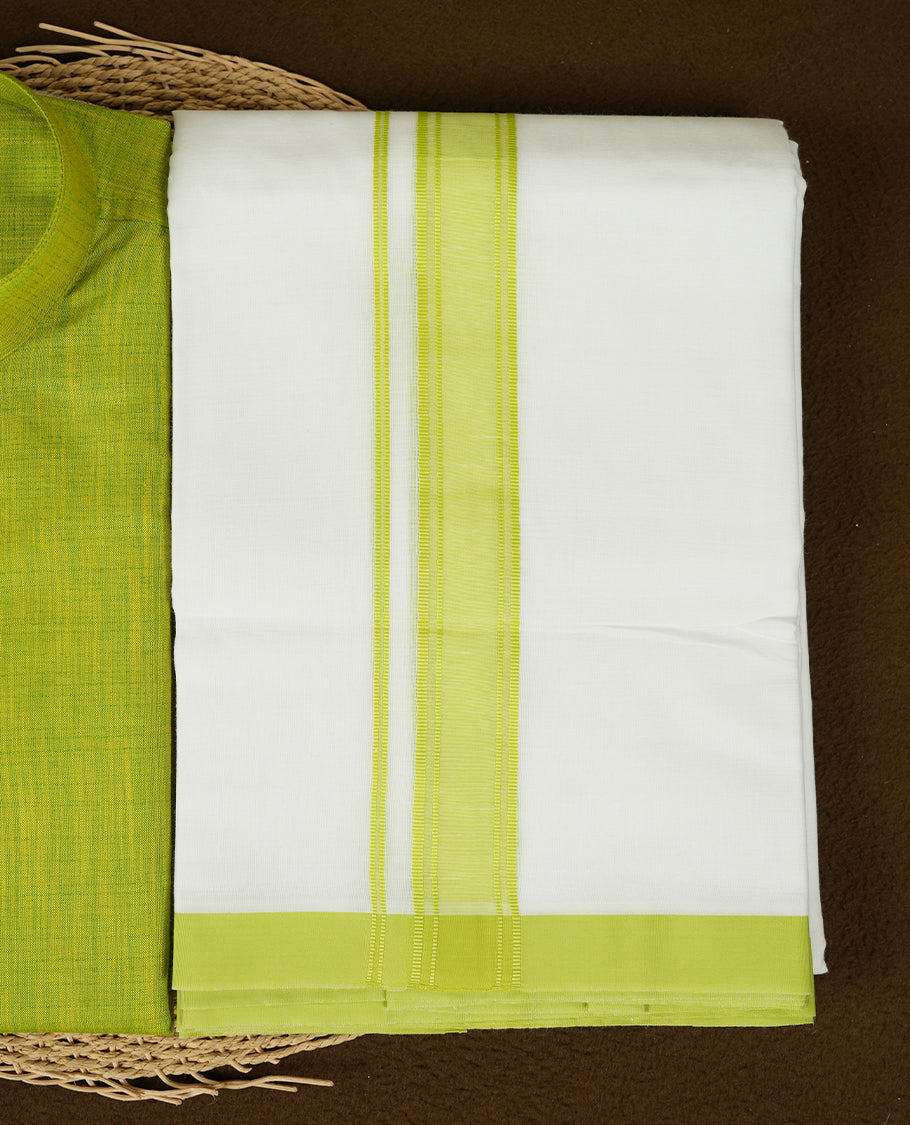 RAMRAJ Fuego Green Colour shirt paired with a matching dhoti, elegantly finished with a fuego green zari border.