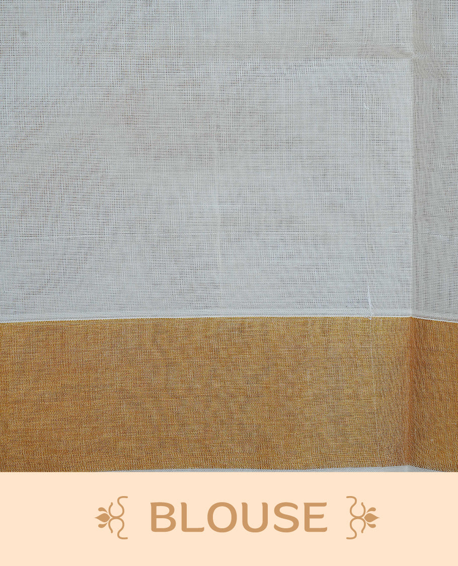 Cream Colour Cotton Kerala Saree Featuring an Elegant Plain Body, a Classy Gold Zari Border, and a Traditional Gold Zari Pallu with Maroon Accents, Paired with a Matching Blouse Piece.