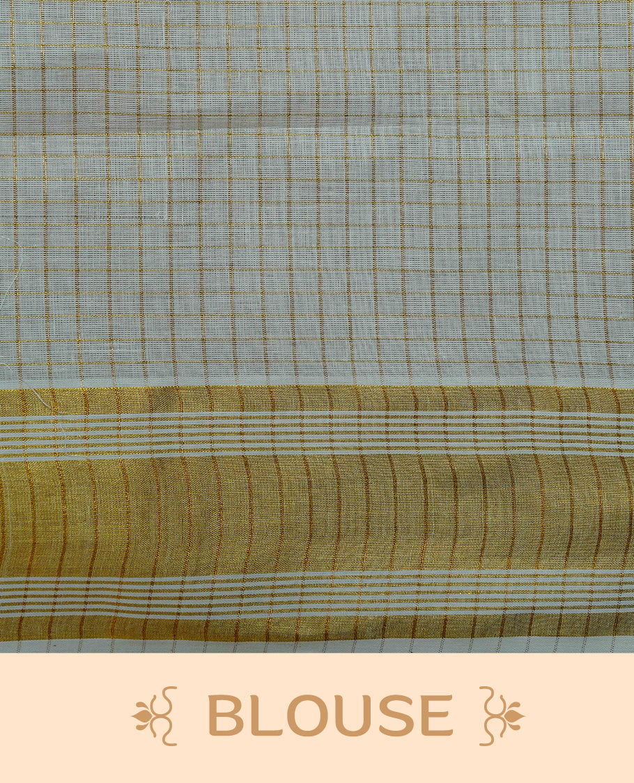 Cream colour Cotton kerala saree featuring Gold zari Checks on body, complemented by Gold zari border & Purple with gold zari on Pallu, paired with matching blouse piece.