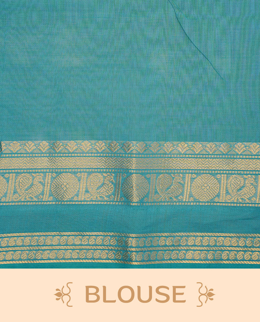 Aqua colour chettinad cotton saree featuring elegant plain body, complemented by self colour with zari border, paired with matching blouse piece.