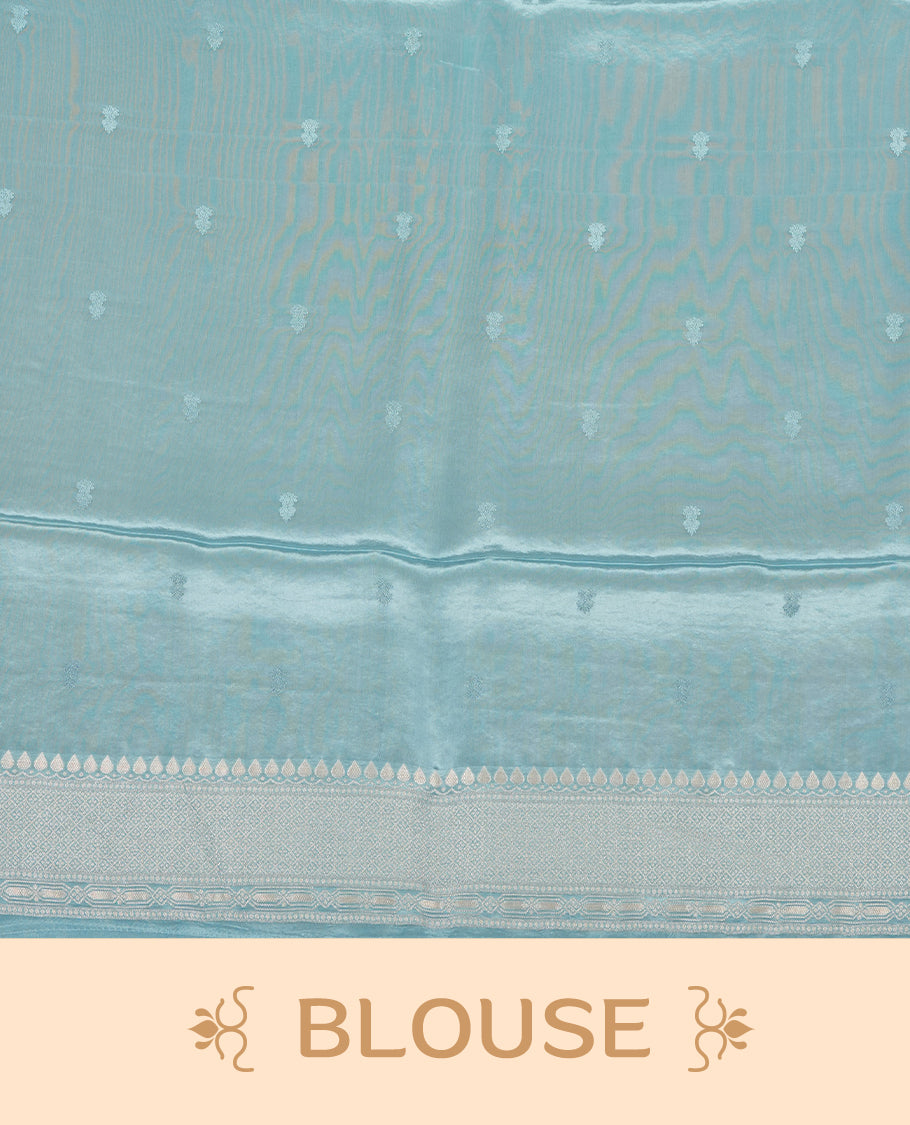 Light Blue colour Mysore Crepe Silk saree fearturing gold Zari kodi visiri & Animal brocade pattern on body and self colour border paired with matching blouse