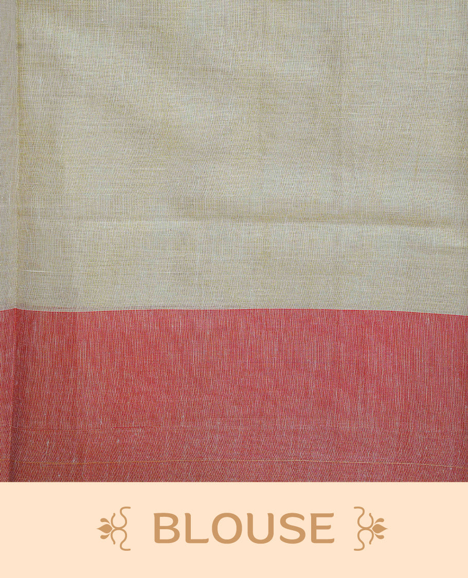 Cream Colour Tissue Kerala Saree Featuring a Plain Body, Enhanced with Red Block  Printed Borders, a Red and Gold Zari Pallu, Red Tassels, and a Matching Blouse Piece.