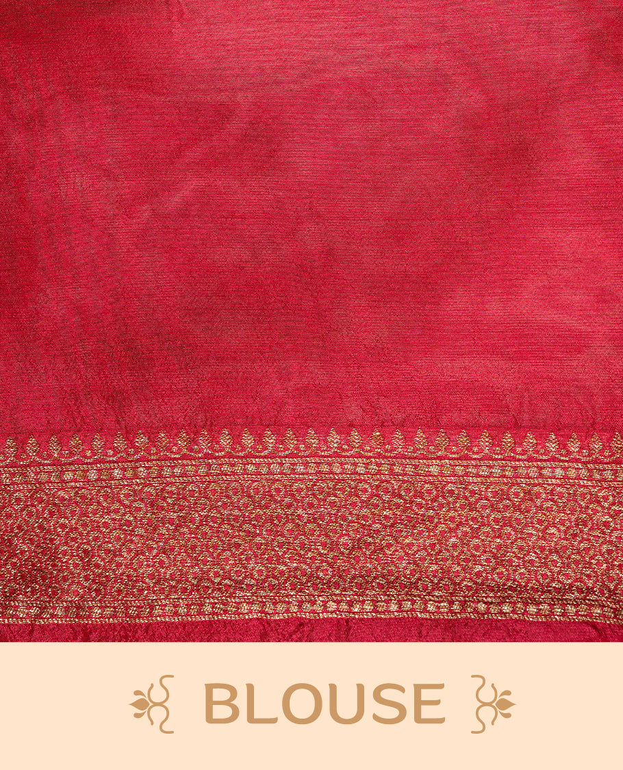 Red colour Semi Banaras Tussar Georgette Featuring Gold zari Leaf pattern on body, Finished with Gold zari border and paired with matching blouse piece.