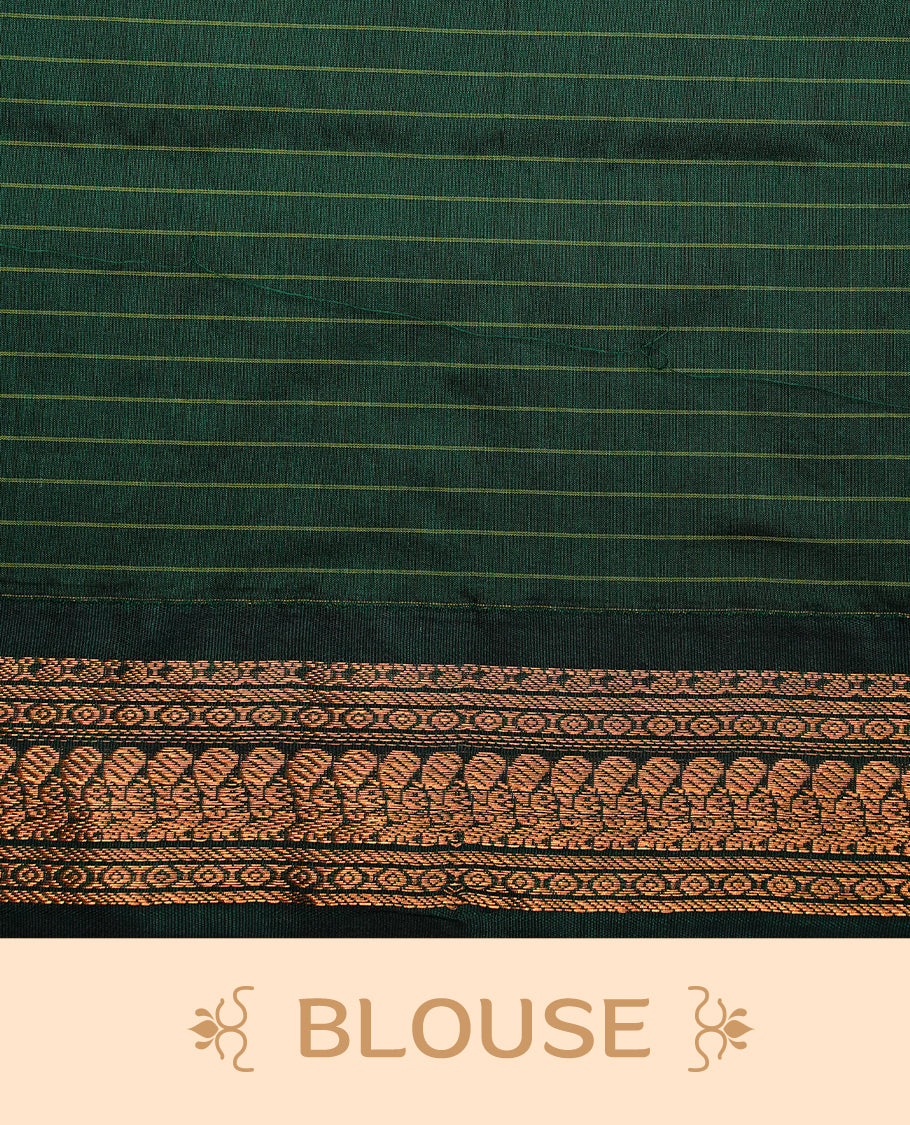 Purple colour kalyani cotton saree featuring gold zari check pattern on body, highlighting contrast green colour with Antique gold zari border, paired with matching blouse piece.