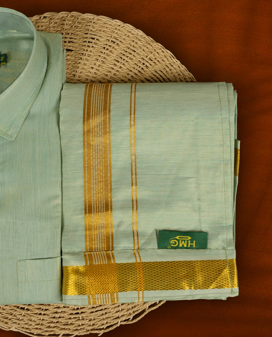 Pastel green colour shirt & matching dhoti set by HMG, featuring elegant gold zari borders, Perfect for traditional events, gifting & poojas.