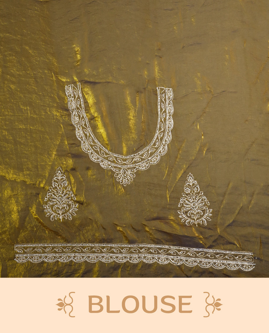 Dark yellow colour velvet chiffon designer saree in elegant two tone shades, featuring light gold zari, kodi work with handwoven style thread aari & dori embroidery work, Swarovski stone work and all over motifs, comes with matching blouse.