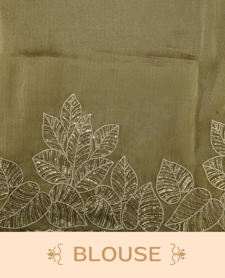 Green & gold double shade organza saree featuring thread & cut beats, sequins leaf pattern on body, highlighting scalp border, paired with matching blouse piece.