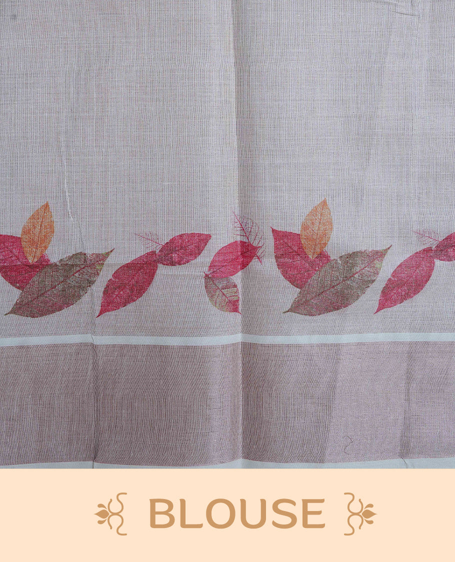 Cream Colour Tissue Kerala Saree Featuring A Digital Leaf Prints On  Body & Pallu, Beautifully Enhanced With A Classic Rose Gold Zari Border And  Olive Green & Maroon  Tassels Paired With A Matching Blouse Piece.
