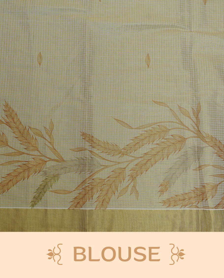 Light gold colour tissue Kerala saree featuring Leaf print & Gold zari check on body, complemented by gold Border, comes with matching blouse piece.