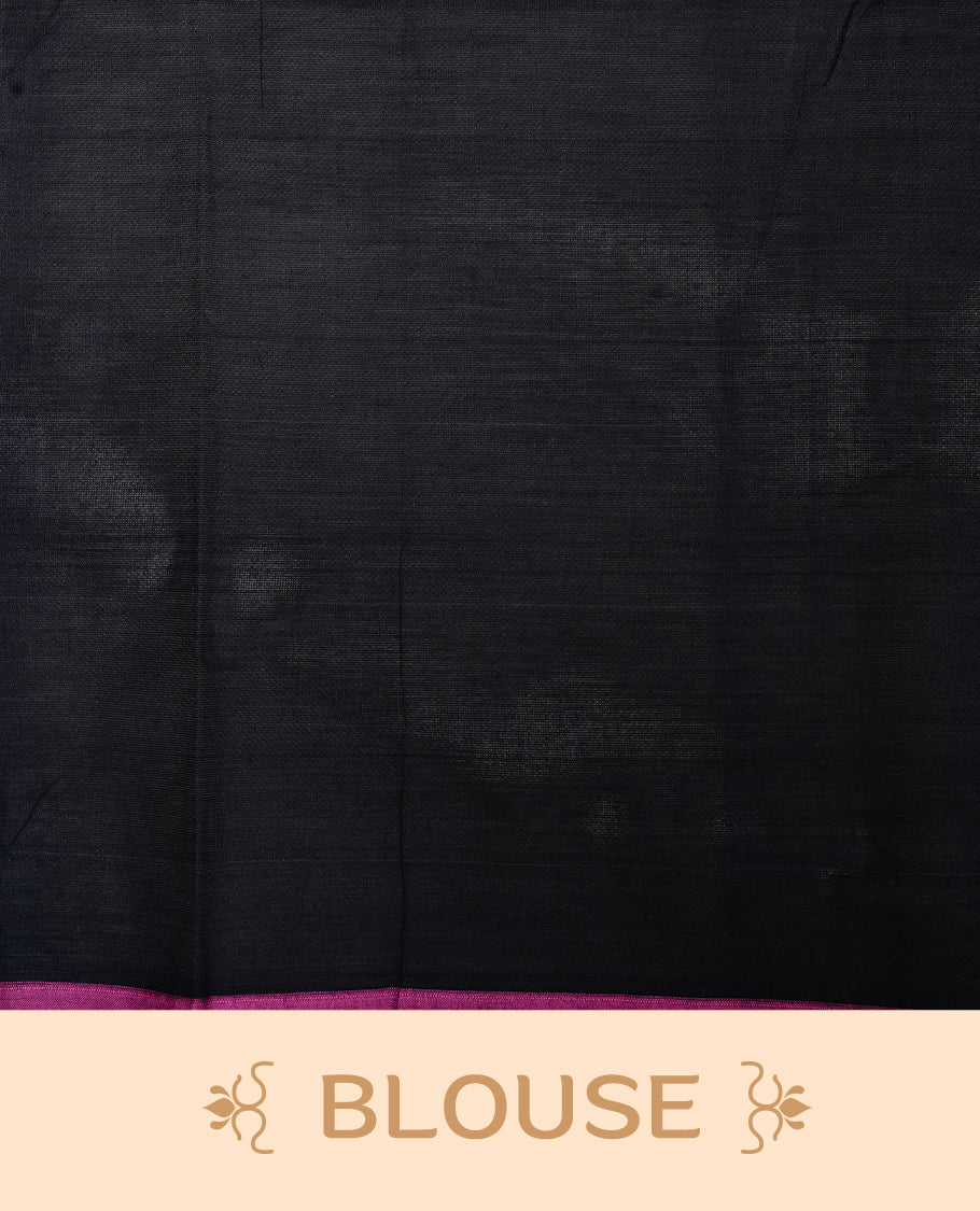 Black colour chettinad cotton saree featuring Gold zari check with Peacock motifs on body, complemented by Magenta colour piping border, paired with matching blouse.