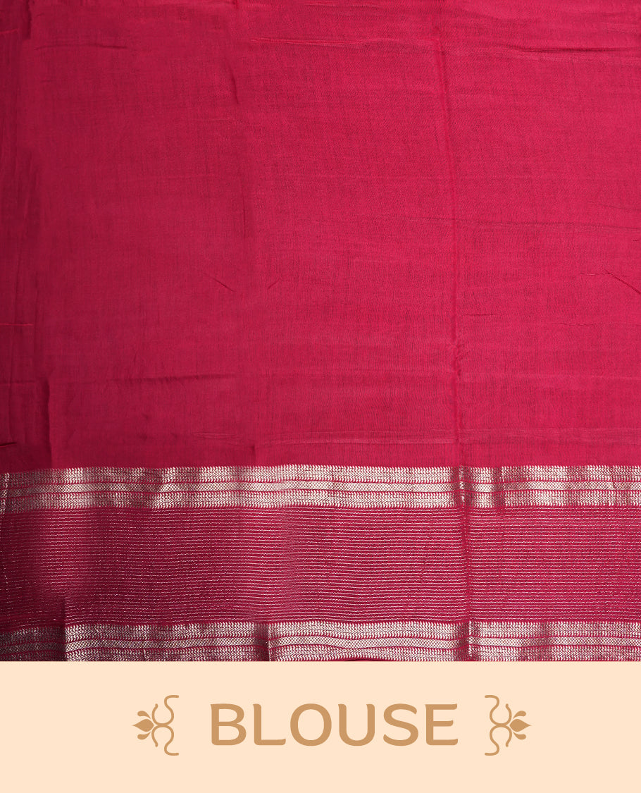 Orange colour mixed chanderi cotton saree with plain body, rani pink pallu and border with gold zari geometric motifs, and matching rani pink blouse