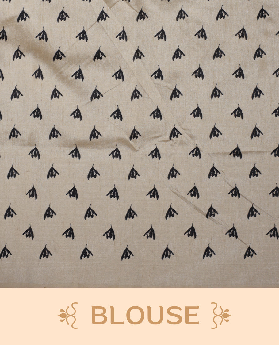 Pastel Ivory colour Semi tussar silk saree adorned with black floral prints on the body and an elegant pallu & Comes with a matching blouse piece for a classy look.