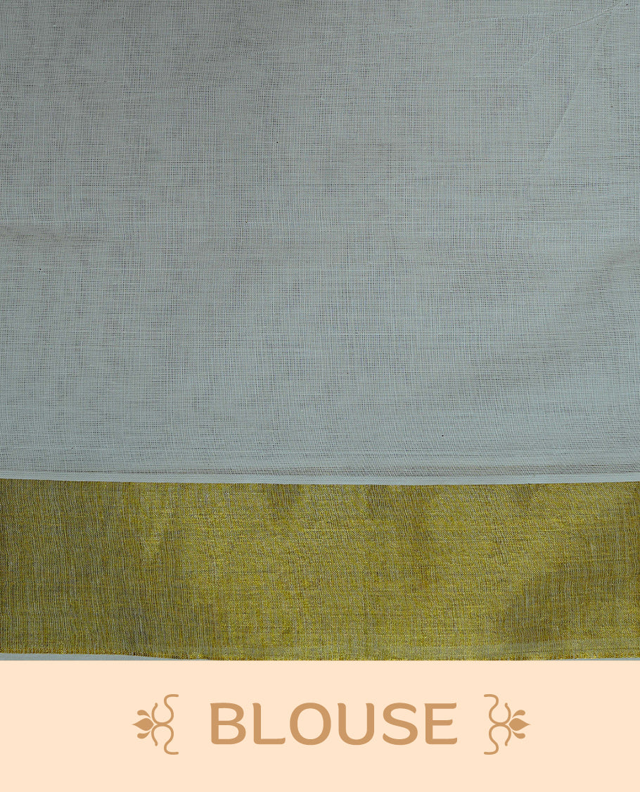Cream Colour cotton Kerala Saree Featuring  Magenta & Blue Dot Prints On The Body, Complemented By A Traditional Gold Zari Border, Paired With A Matching Blouse Piece.
