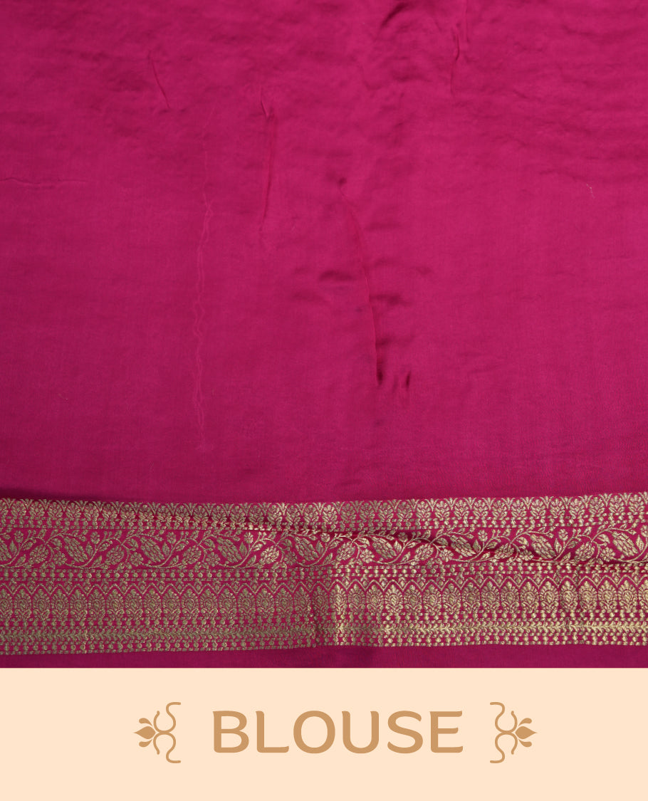 Magenta Colour Semi Banarasi Satin Crepe Saree with Gold Zari Buti Motifs, Traditional Gold Floral Pallu, Elaborate Woven Border, Decorative Tassels with Matching Blouse
