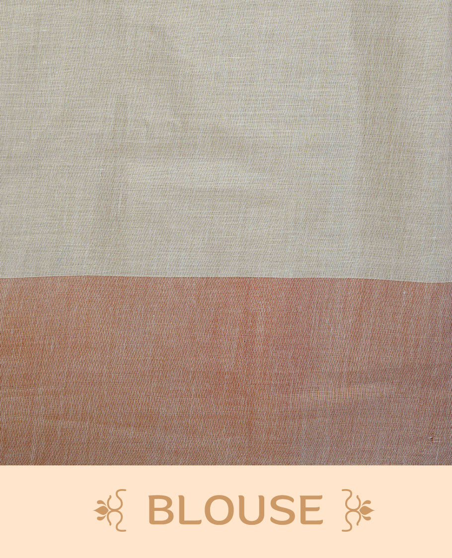 Cream Colour Tissue Kerala Saree Featuring a Striking Rust Red Printed Border with Traditional Geometric Motifs. The Rich Rust Pallu Is Accentuated with Gold Zari Detailing and Finished with Matching Tassels, Paired with a Matching Blouse Piece.