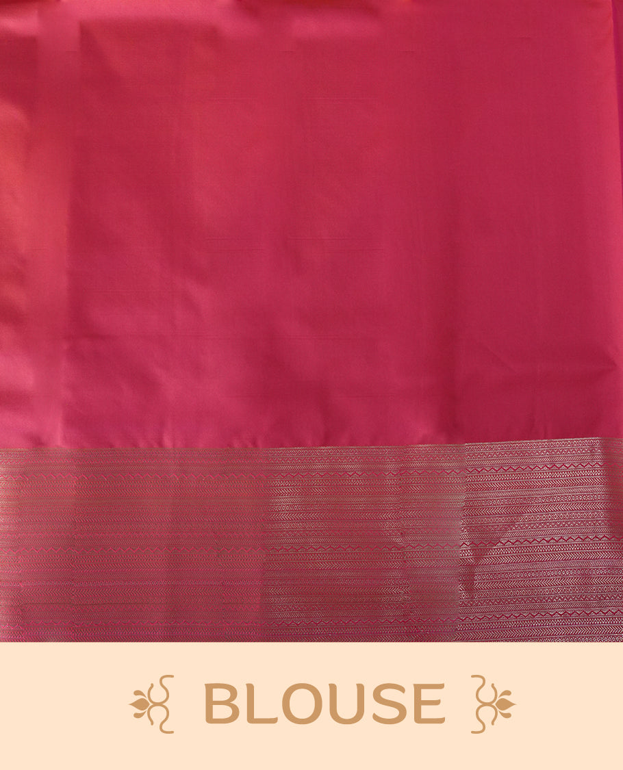 Pinkish peach colour body soft silk saree paired with a shimmering light peach & pink colour zari border & Adorned with elegant golden motifs and a matching blouse.