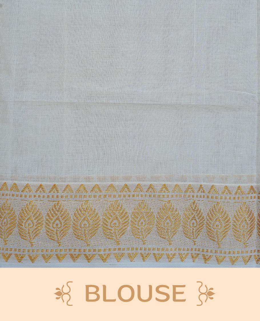 Cream Colour Cotton Kerala Saree Featuring Gold Buttas on the Body, a Classy Gold Zari Border, and a Traditional Black Colour Lord Krishna Thread work and Gold Zari Pallu, Paired with a Matching Blouse Piece.