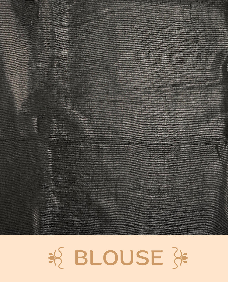 Grey colour semi jute tissue saree accentuated with subtle dotted motifs across the body, The saree features a finely woven pallu and sleek borders, adding a touch of understated elegance & Comes with a matching blouse piece.