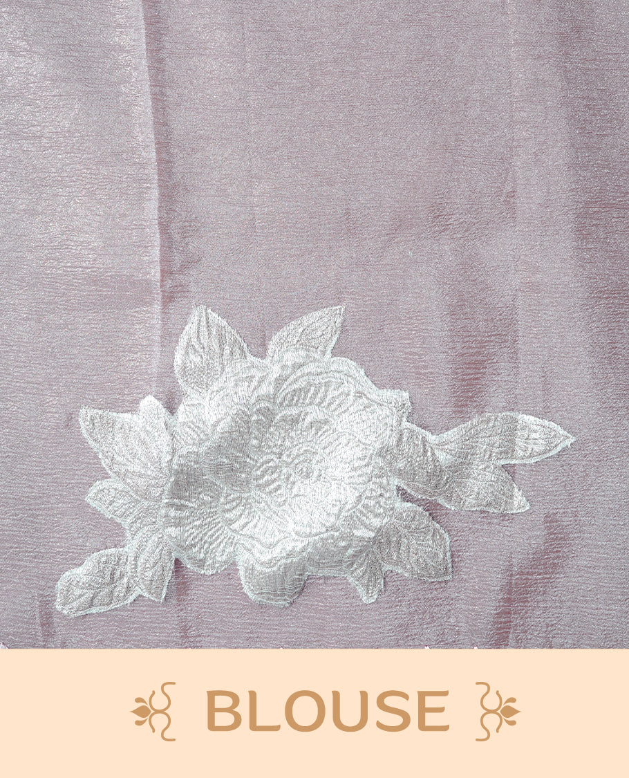 Pastel peach colour Crush Organza Saree featuring White floral Pattern on body, complemented by classy Thread border, paired with matching blouse piece.
