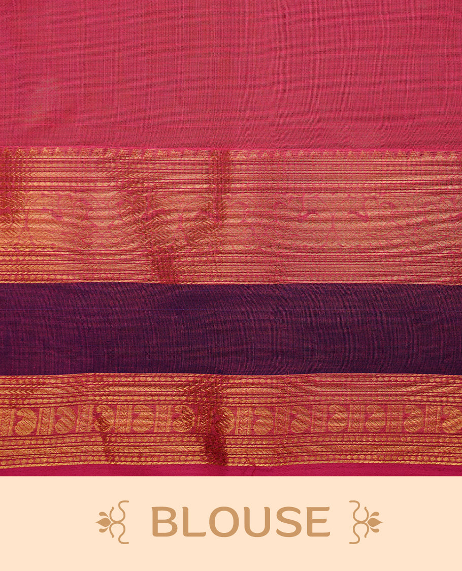 Magenta colour chettinad cotton saree featuring gold zari stripes on body, complemented by purple colour with zari border, paired with matching blouse piece.