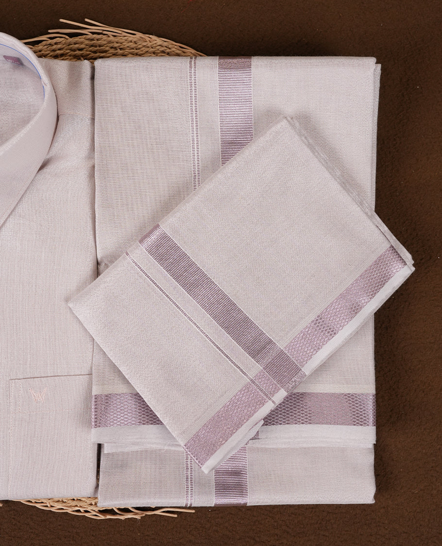 Light Rose colour Minister White traditional men's shirt paired with a matching dhoti with a rose gold border.