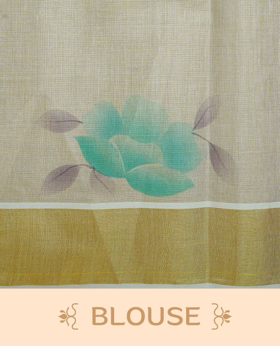 Cream Colour Tissue Kerala Saree Featuring Digital  Mind Rose Prints Across The Body, Enhanced With A Gold Zari Border , Finished With Mind & Cream Tassels And A Matching Blouse Piece