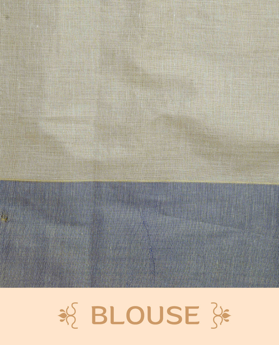 Cream Colour Tissue Kerala Saree Featuring Delicate Blue Floral Embroidery Work Across The Body, Enhanced With A Light Blue Zari Border And A Rich Blue & Gold Zari Pallu, Finished With Blue Tassels And A Matching Blouse Piece