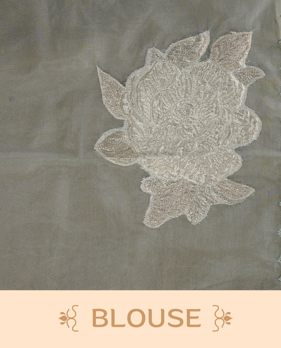 Light mint colour semi organza saree featuring white floral & gold thread pattern, highlighting scalp design border, paired with matching blouse piece.