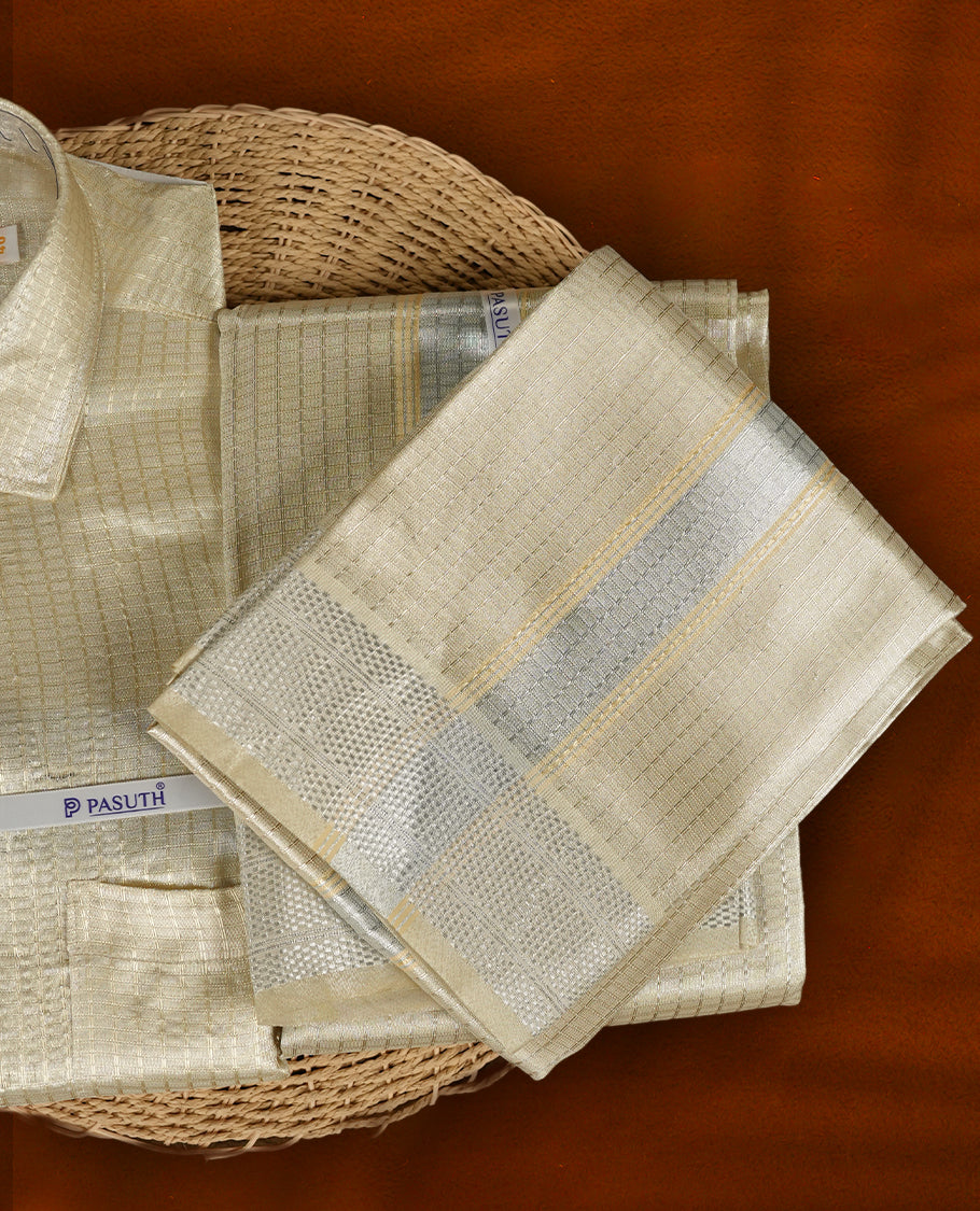 Elegant Silver Gold shirt & dhoti set by PASUTHI, crafted with rich silk blend fabric and zari detailing, Perfect for weddings, poojas & gifting. Comes with towel, attar & vibhuti in a premium gift box.