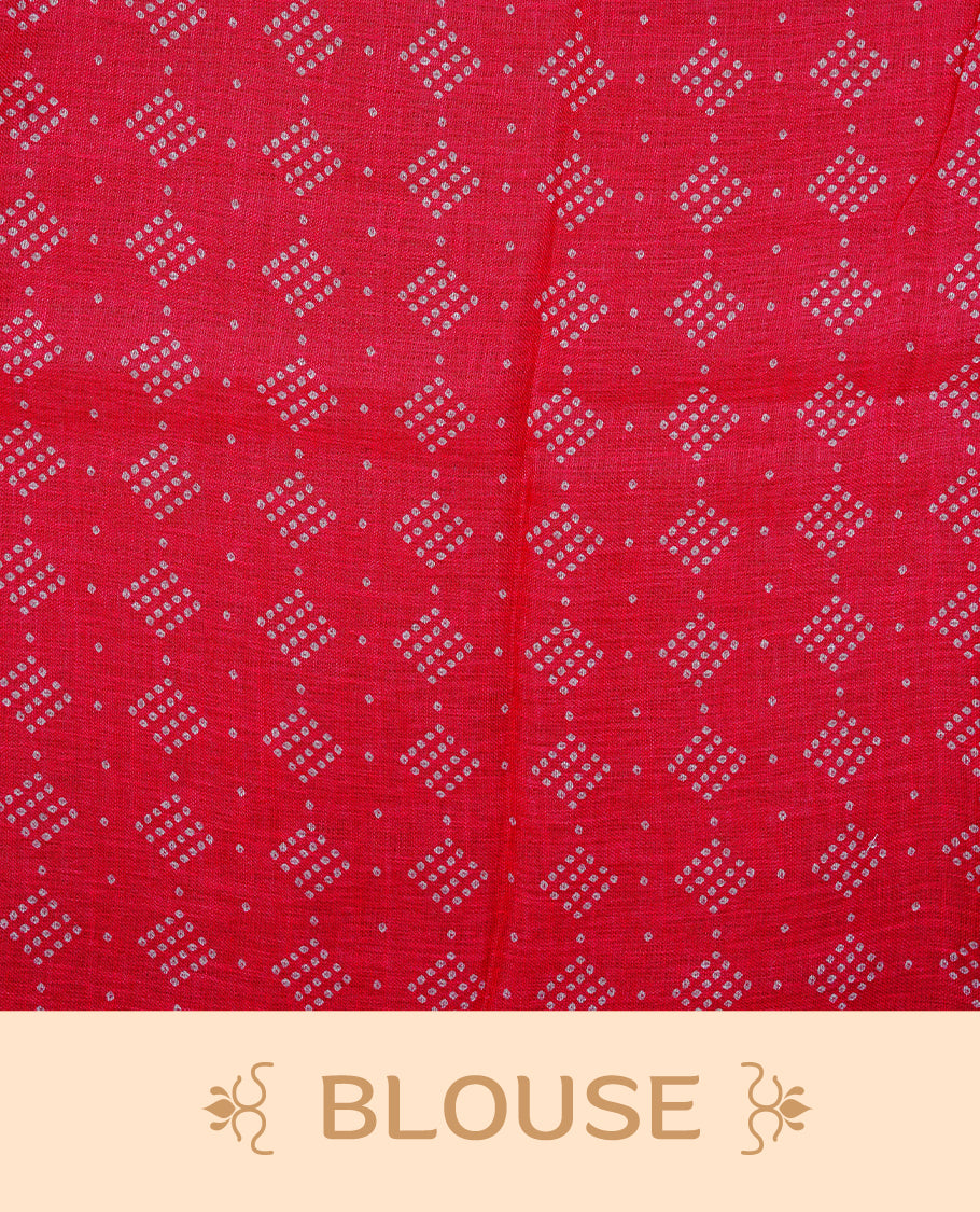 Cream colour semi linen saree featuring red Ajrakh pattern print on body, complemented by contrast Mustard colour with same pattern print Red border, comes with matching blouse piece.