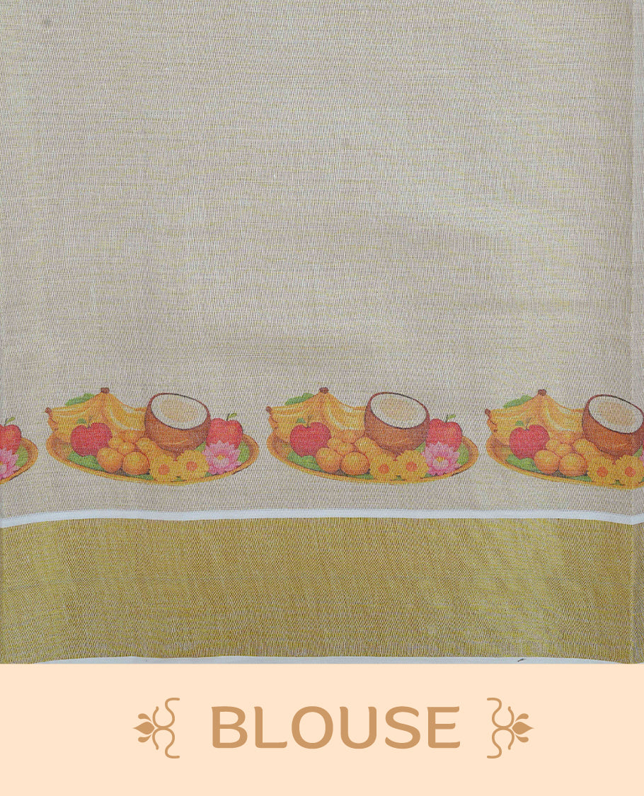 Cream Colour Tissue Kerala  Saree Featuring A Digital Onam Theme At Body &  Pallu, Paired With A Matching Blouse Piece.