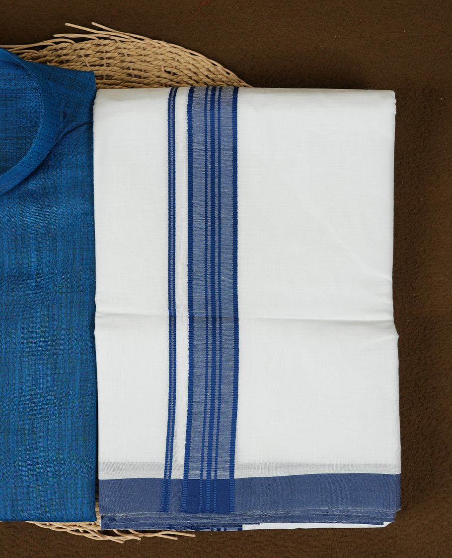RAMRAJ Blue Colour shirt paired with a matching dhoti, elegantly finished with a Blue zari border.