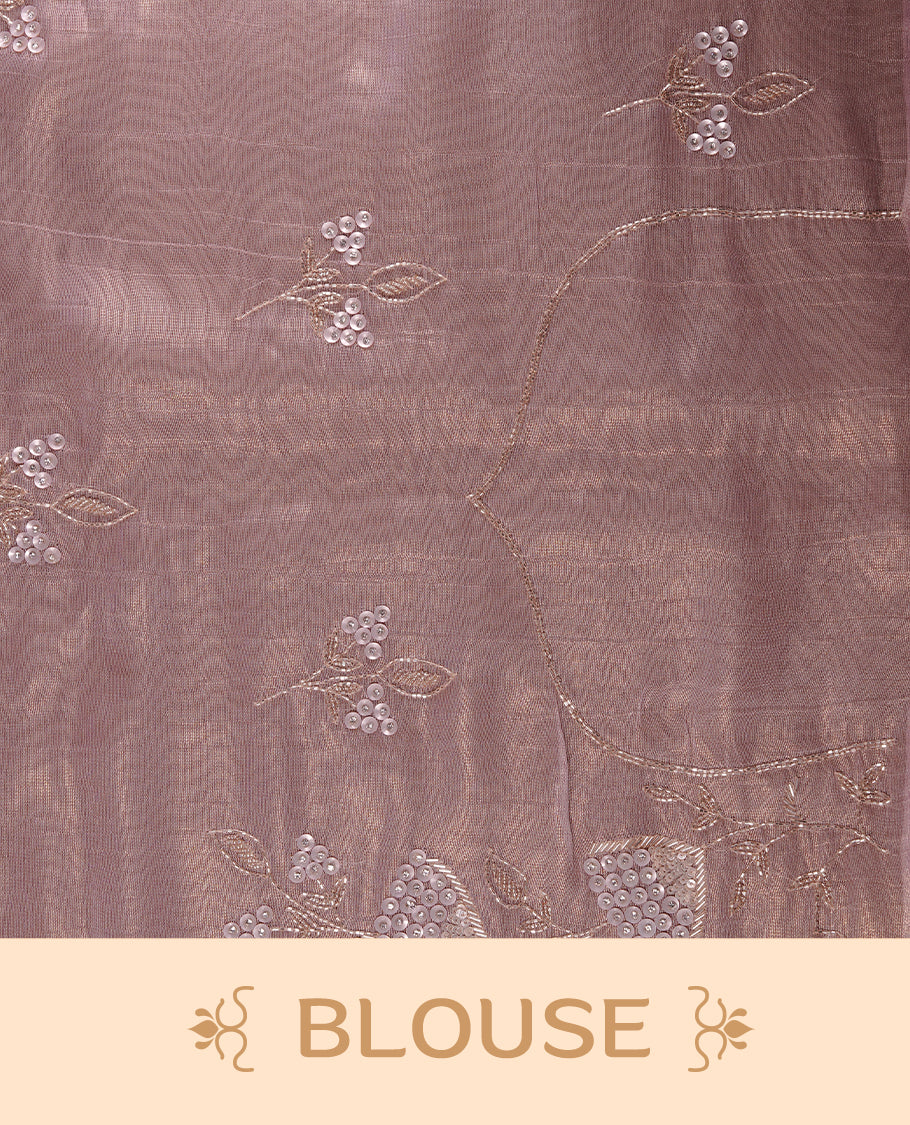 Pastel Pink colour net organza saree featuring thread, sequins, cut beats worked on body, highlighting scalp border, paired with matching blouse piece.