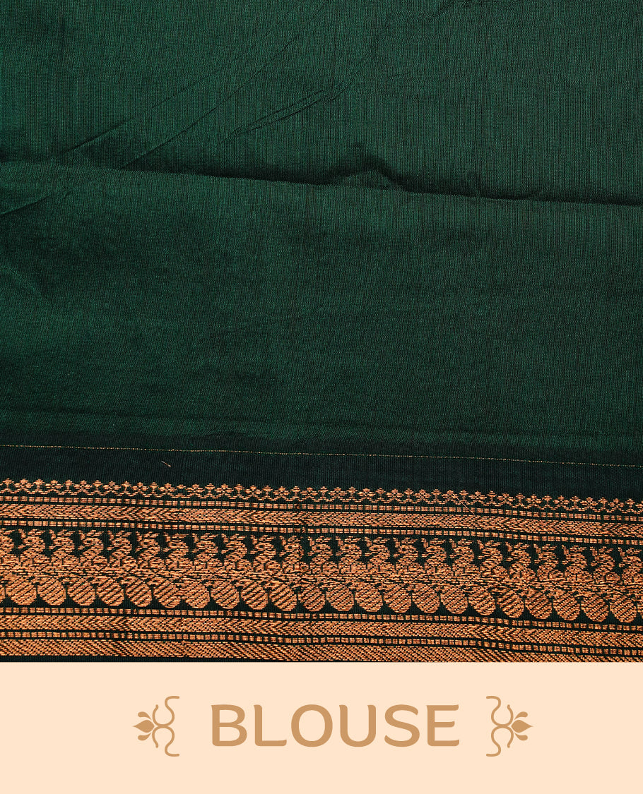 Orange colour kalyani cotton saree featuring gold zari motifs on body, highlighting contrast green  colour with Antique gold zari border, paired with matching blouse piece.