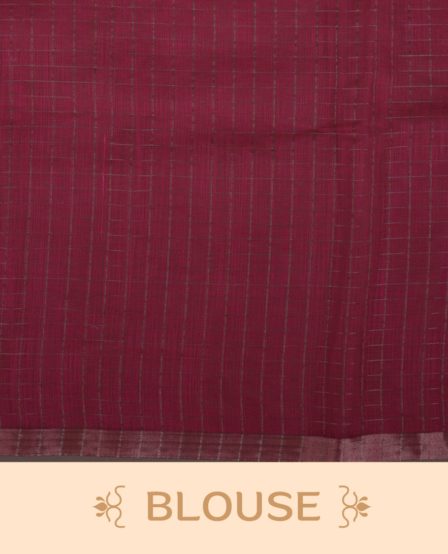 Off white colour Soft cotton saree featuring elegant bird prints along the edges, a stylish checked body, and a beautifully designed pink border & Paired with a matching blouse piece.