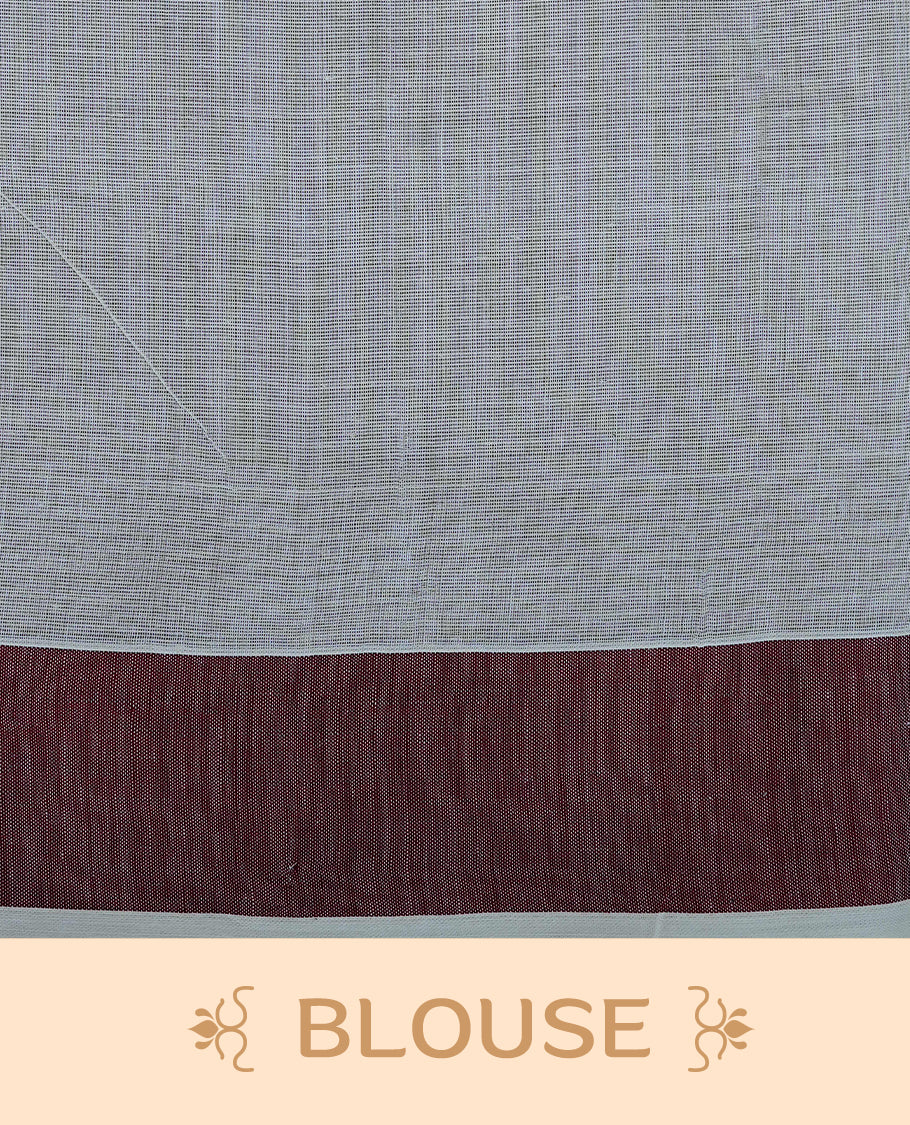 Cream colour Cotton Kerala saree Featuring Classy Plain body for Effortless Elegance, enhancing Maroon with Peacock Printed border, paired with matching blouse piece.