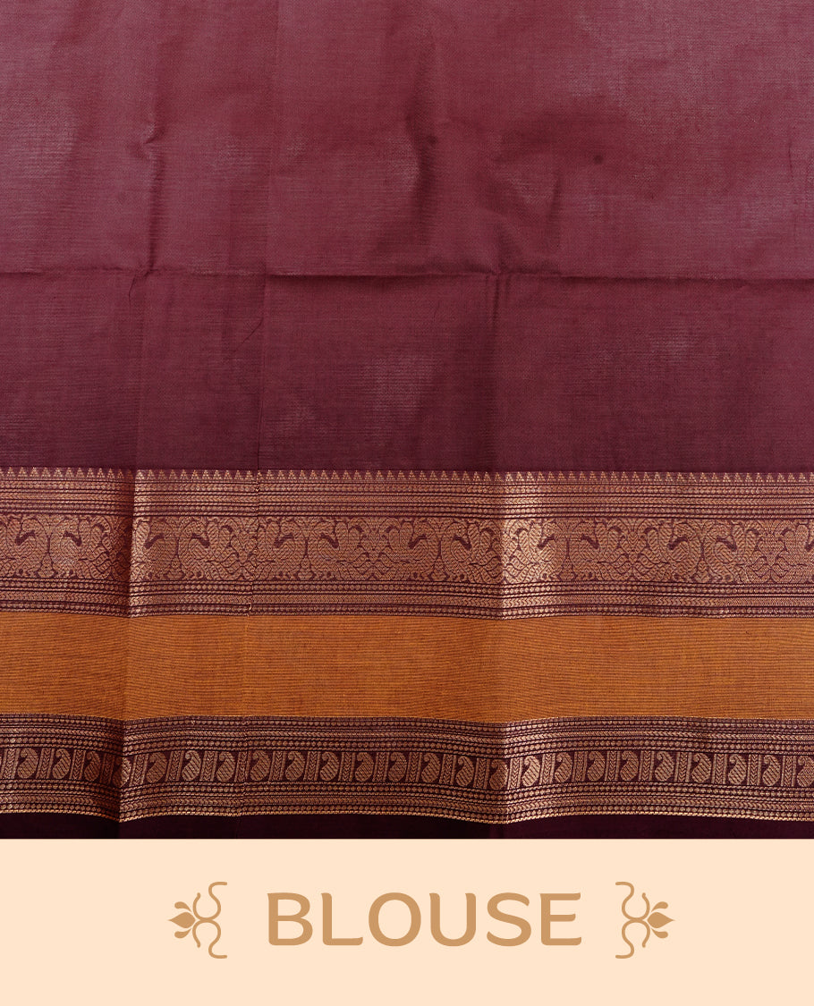 Maroon colour chettinad cotton saree featuring  gold zari stripes on body, complemented by Mustard border, paired with matching blouse piece.