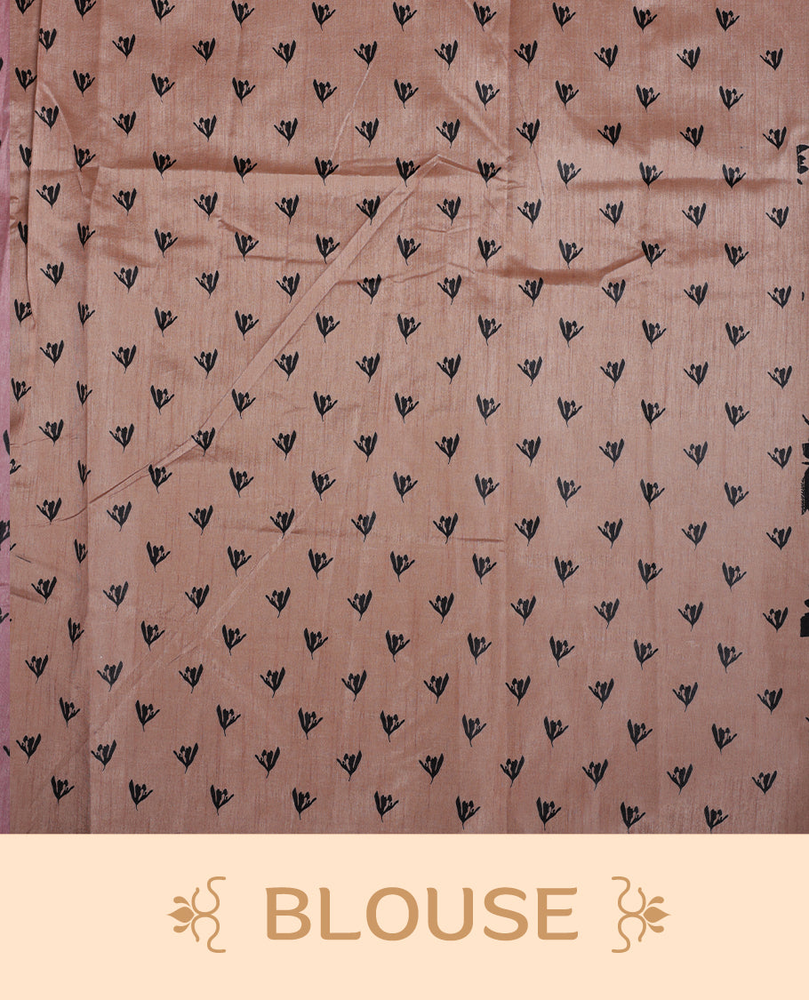 Pastel Peach colour Semi tussar silk saree adorned with black floral prints on the body and an elegant pallu & Comes with a matching blouse piece for a classy look.